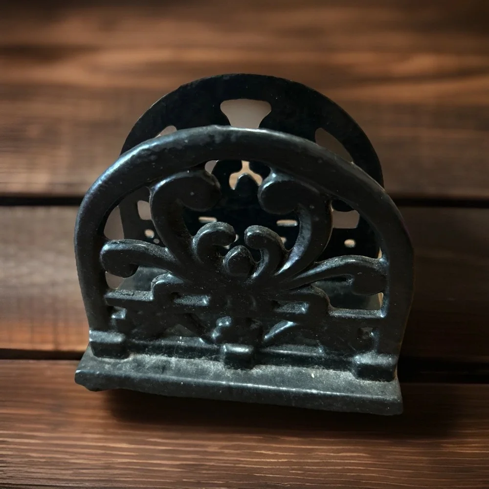 Heavy Black-Coated Cast Iron Napkin Holder Letter Holder‎ Ornate Vintage Decor